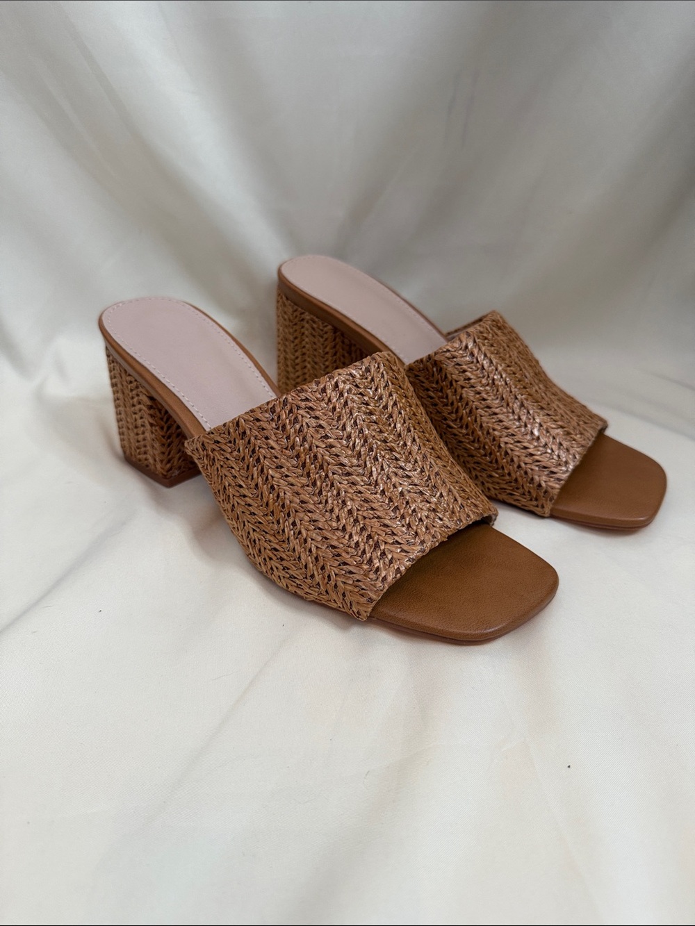 Braided Raffia Block Heel Mules - Brown
